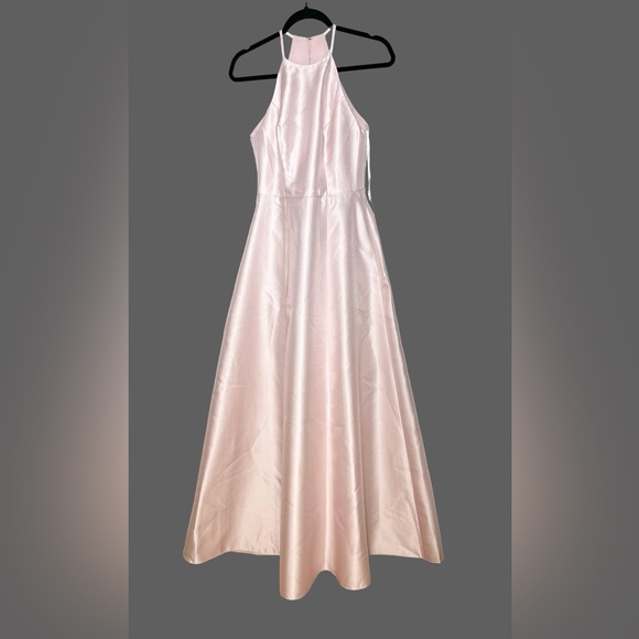 NWT Alfred Sung Halter A-Line Satin Maxi Dress, Ballet Pink, Pockets, Size 0R - Picture 3 of 13